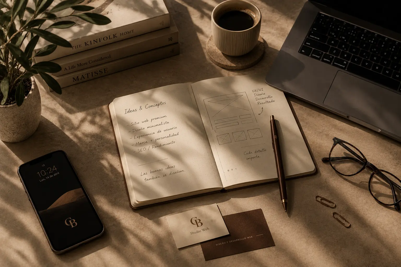 Cuaderno y elementos de trabajo sobre un escritorio